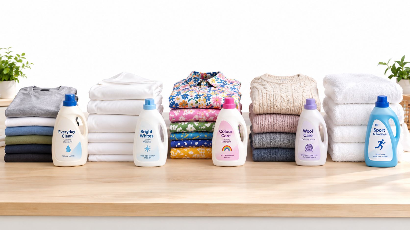 A wooden table showcasing various stacks of folded clothing paired with different specialized laundry detergent bottles.