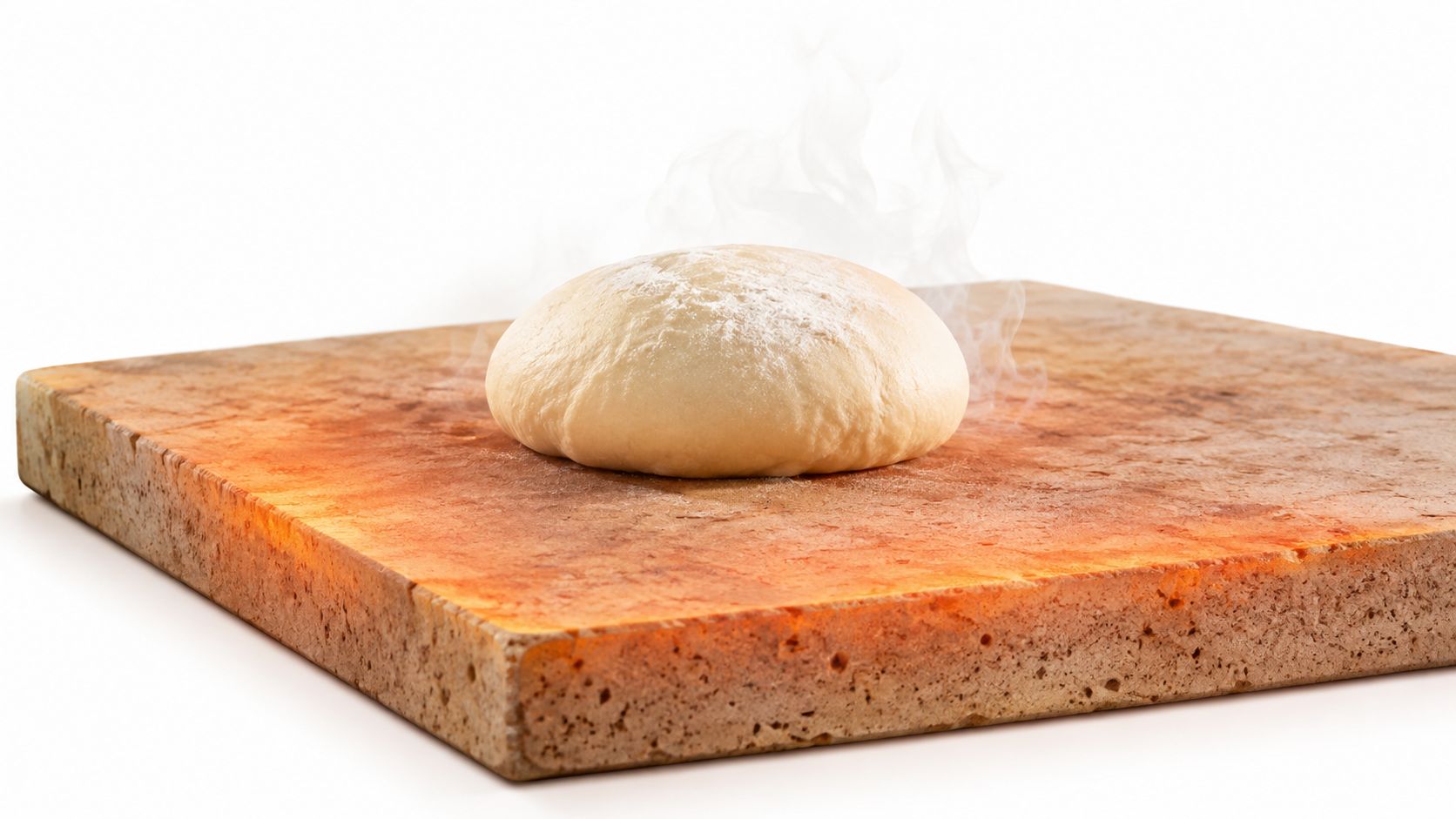 A round ball of raw pizza dough sits on a hot, glowing stone surface creating steam.