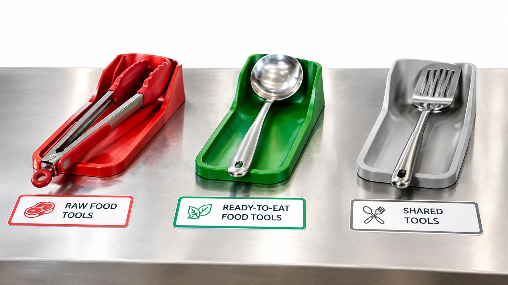 A stainless steel kitchen counter featuring red, green, and grey utensil rests for raw, ready-to-eat, and shared tools.