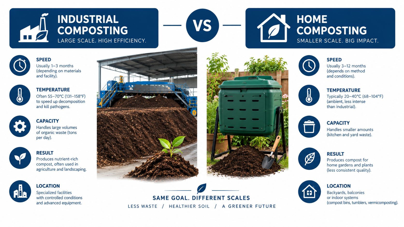 An infographic comparing the processes, speed, temperature, capacity, and results of industrial versus home composting systems.
