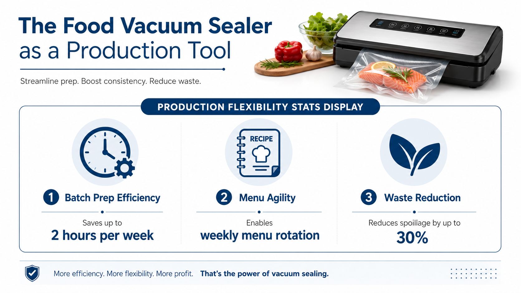 A professional food vacuum sealer used for kitchen production, streamlining prep, increasing consistency, and reducing food waste.