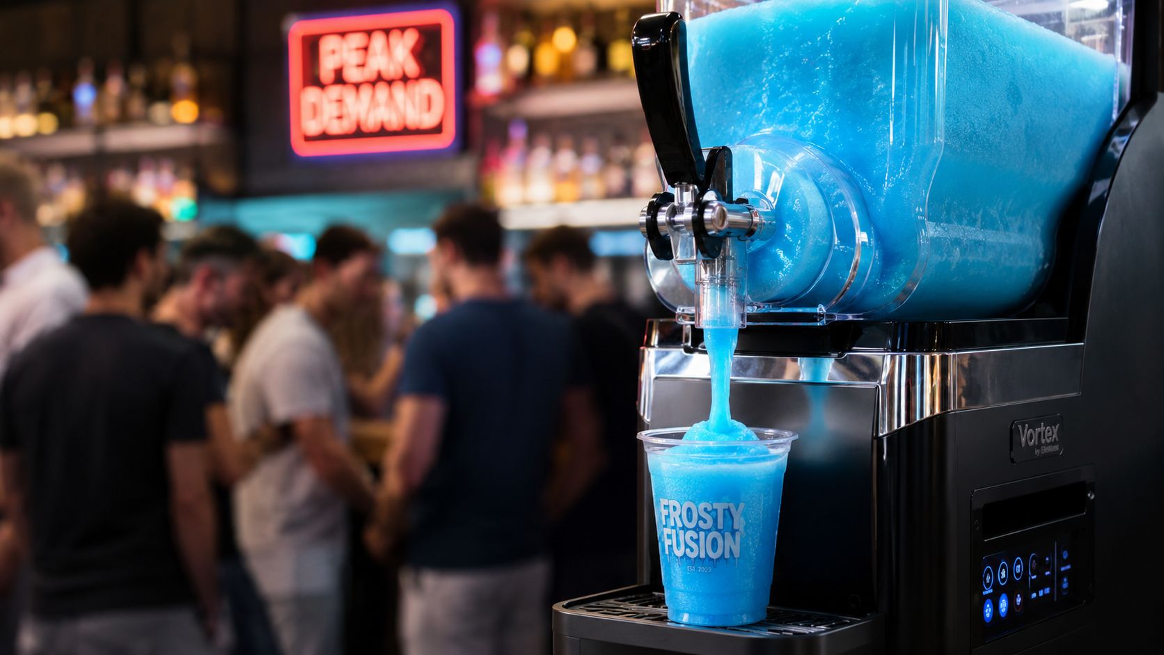 A commercial frozen drink maker dispensing a blue slushie into a branded Frosty Fusion cup in a bar.