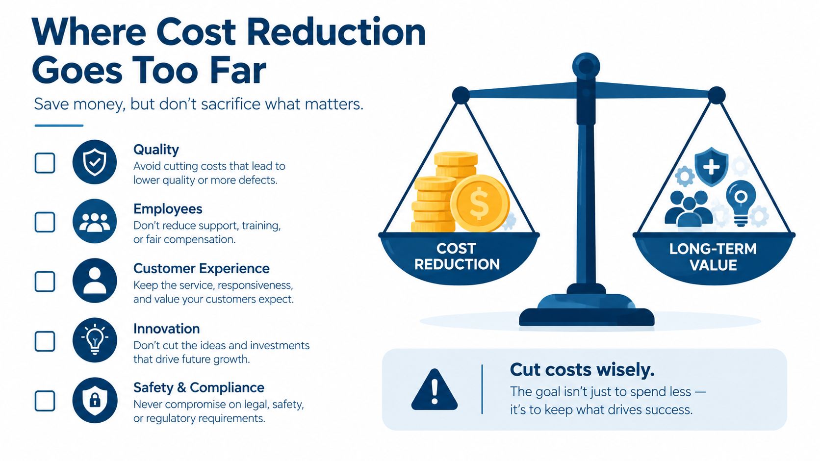 A graphic illustration showing a balance scale between cost reduction and long-term business value maintenance.
