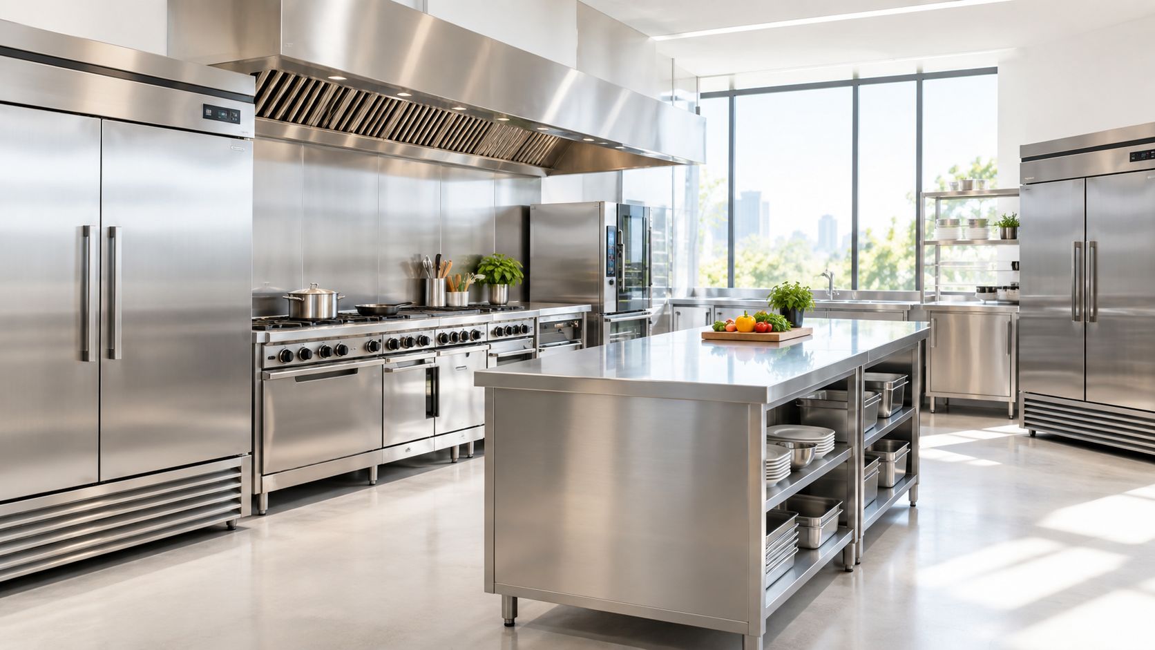 A modern, professional stainless steel commercial kitchen workspace featuring industrial appliances and a large central island table.