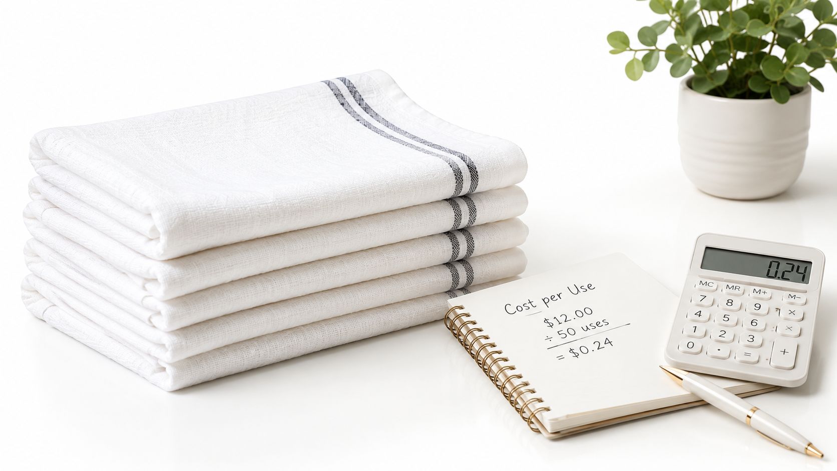 A stack of folded white cotton tea towels next to a notepad showing cost per use calculations.