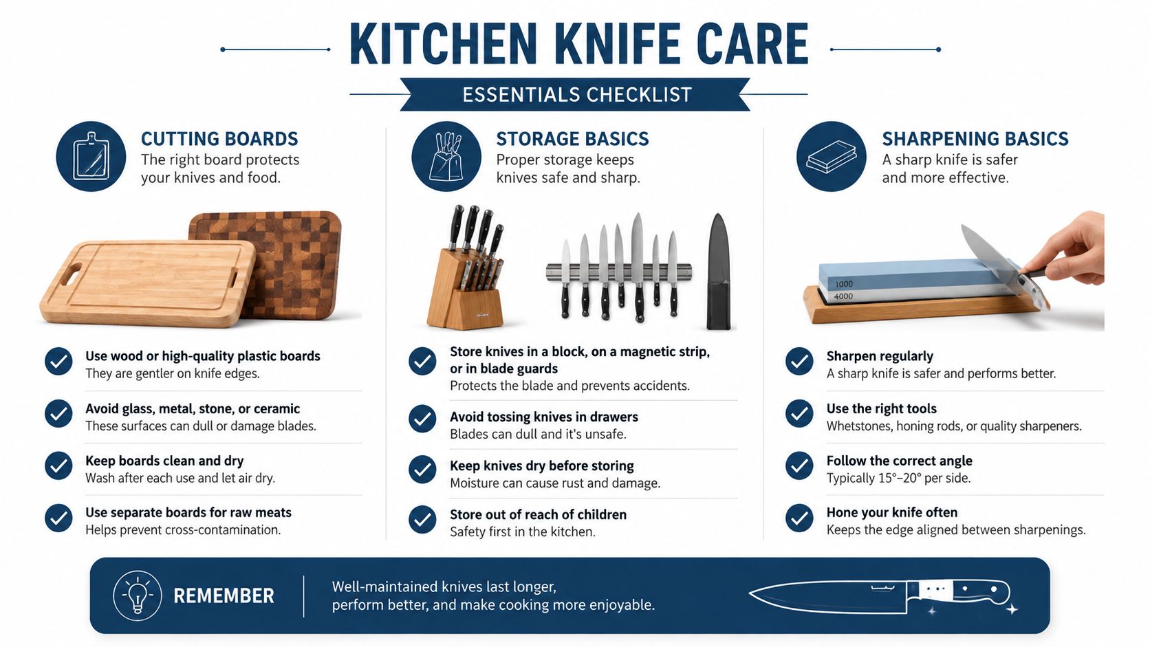 An infographic titled Kitchen Knife Care detailing essential tips for cutting boards, storage, and sharpening techniques.