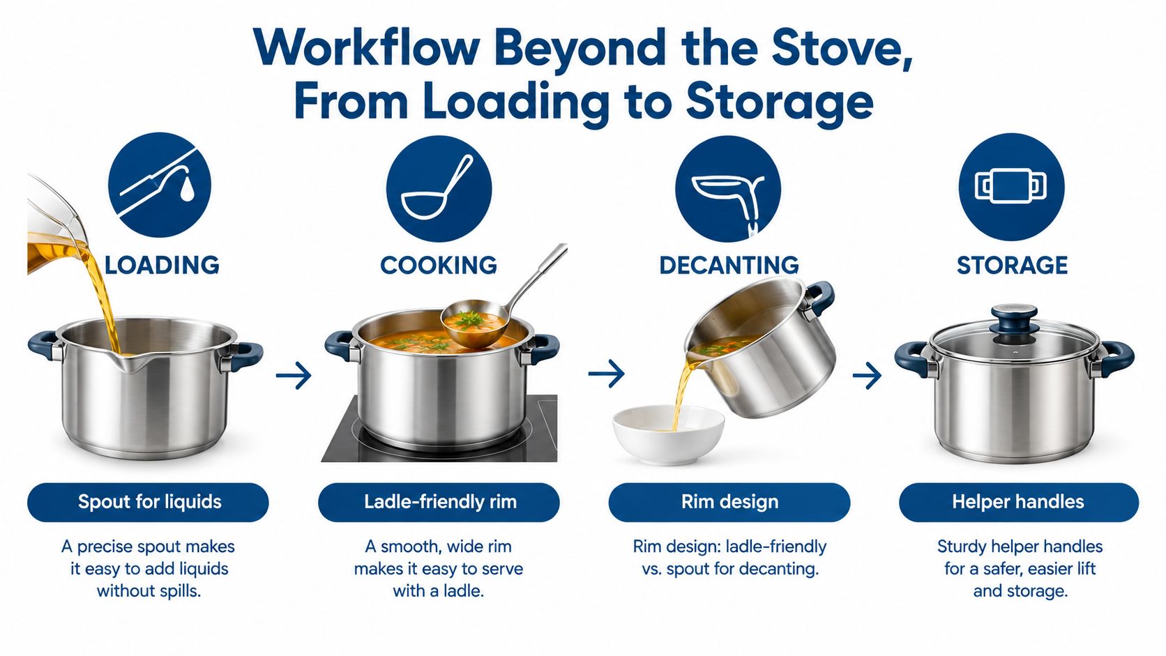 A diagram illustrating the four steps of using a large cook pot: loading, cooking, decanting, and storage.