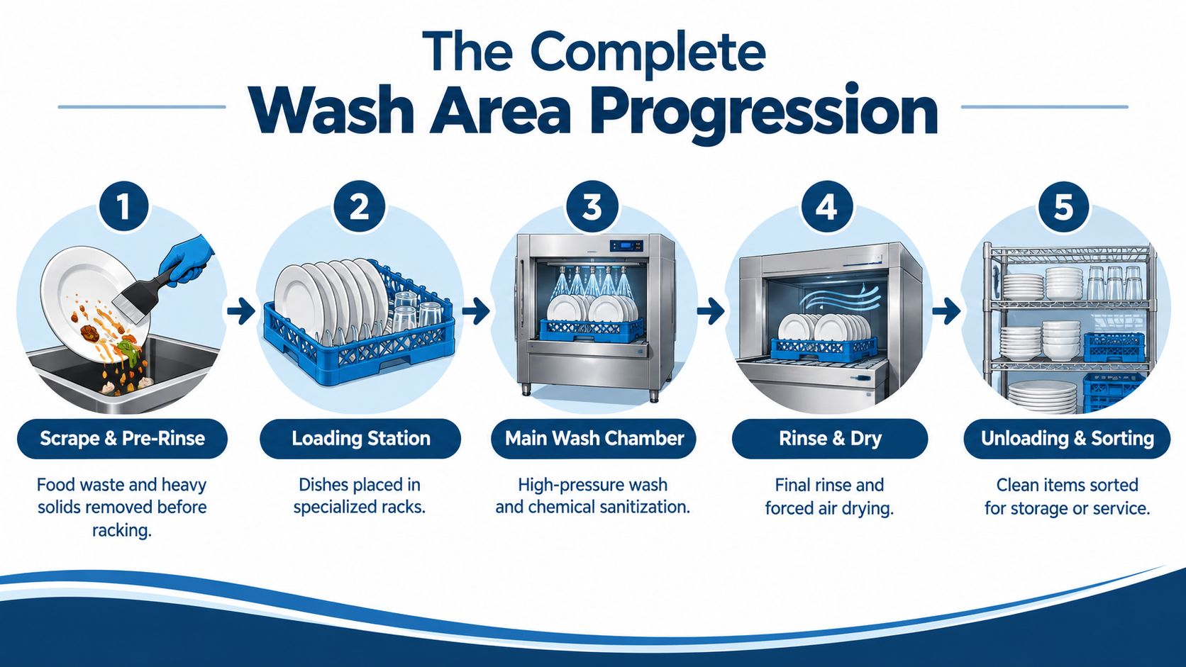 A five-step diagram illustrating the process flow for a professional wash area and commercial dishwashing machine.