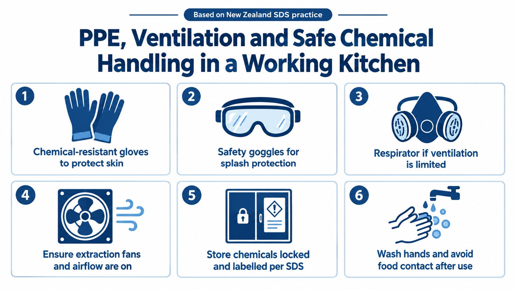 A safety infographic illustrating PPE, ventilation, and proper storage procedures for chemical handling in commercial kitchens.