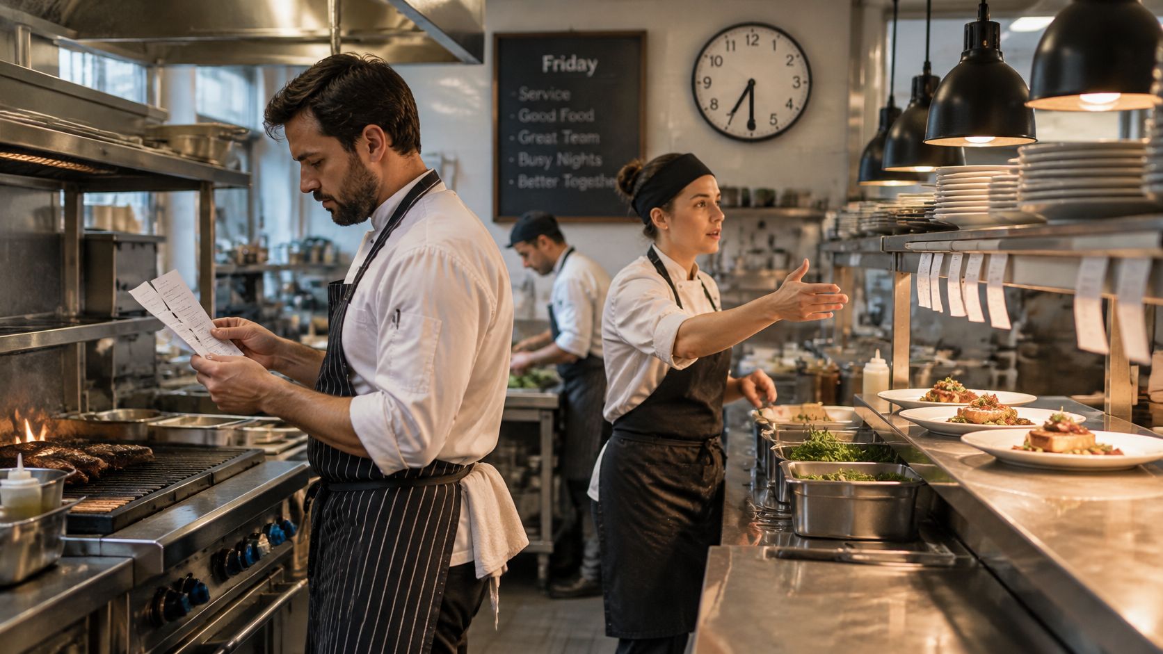 Professional chefs working in a busy restaurant kitchen preparing and inspecting orders at the pass.