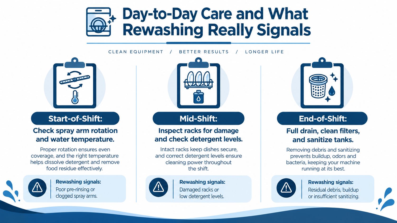 An infographic detailing daily care steps for commercial dishwashers to optimize performance and reduce the need for rewashing.