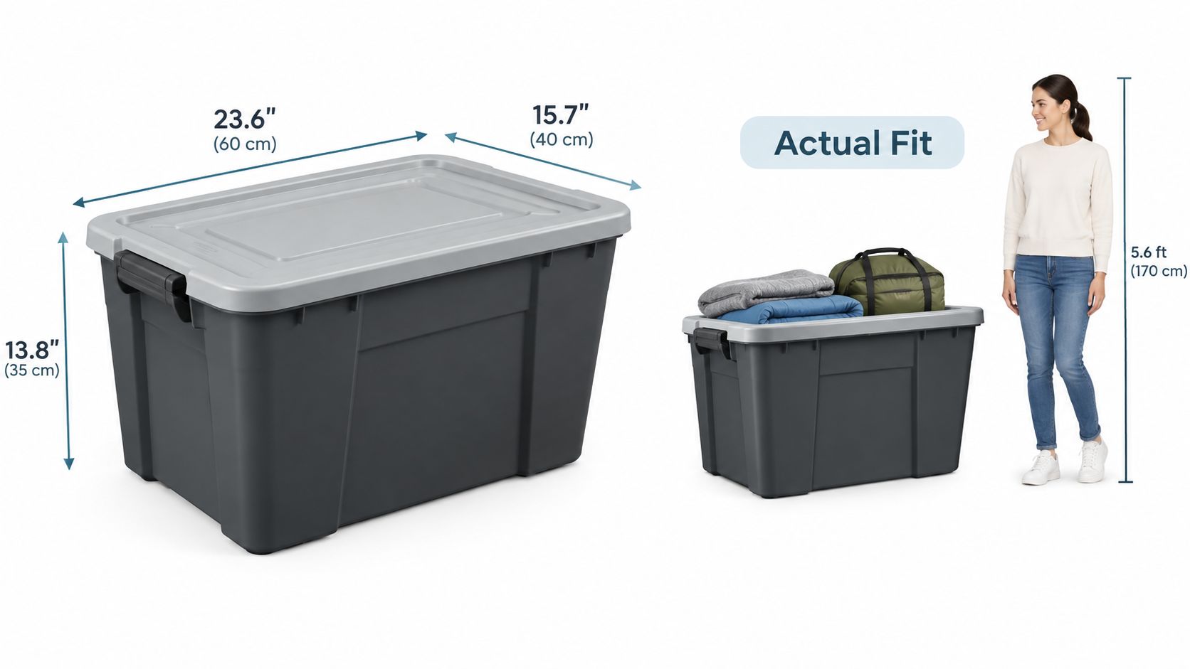 A large grey storage bin with lid dimensions shown beside a woman for scale.