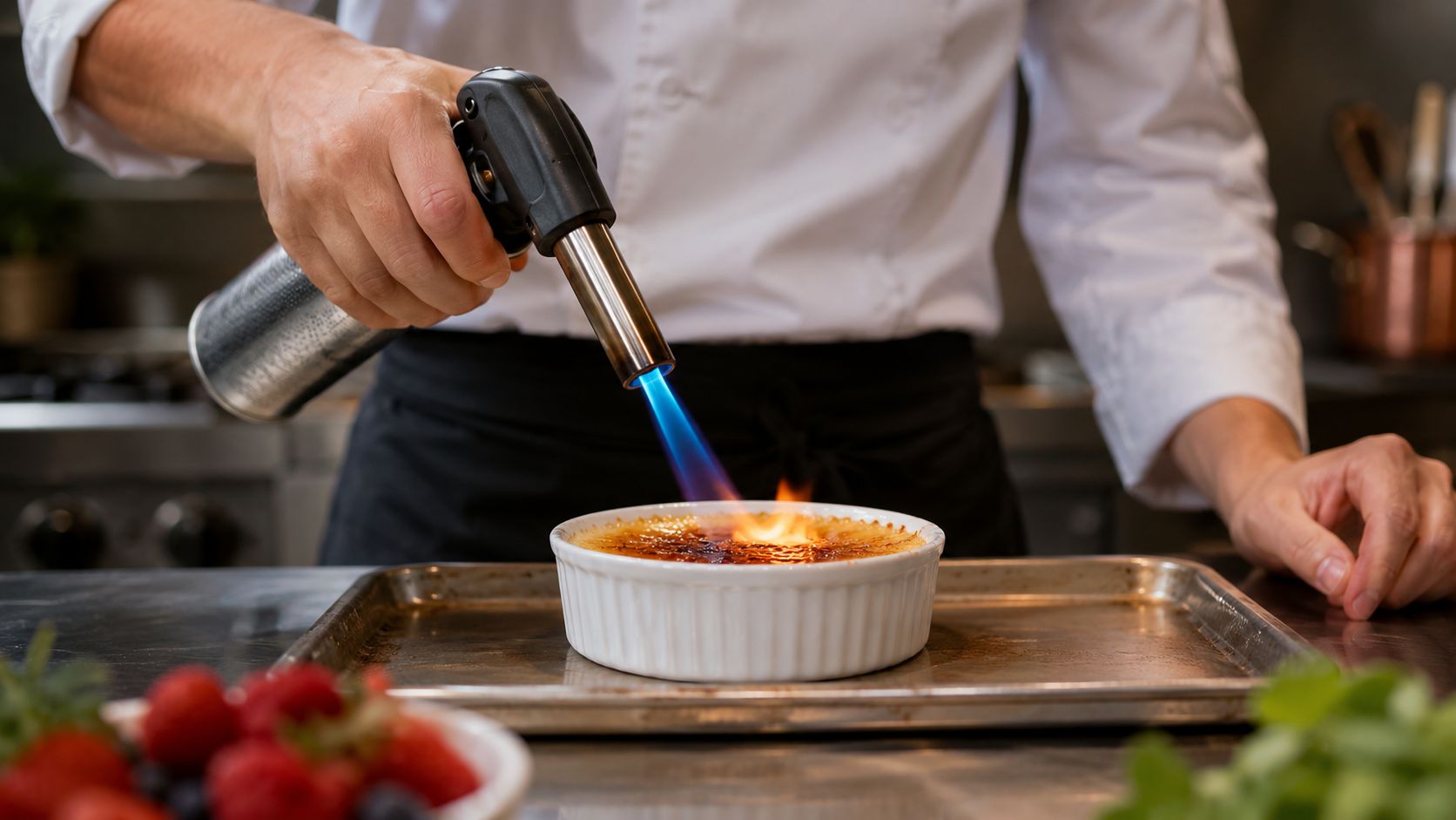 A professional chef uses a kitchen blow torch to caramelize the sugar topping on a creme brulee dessert.