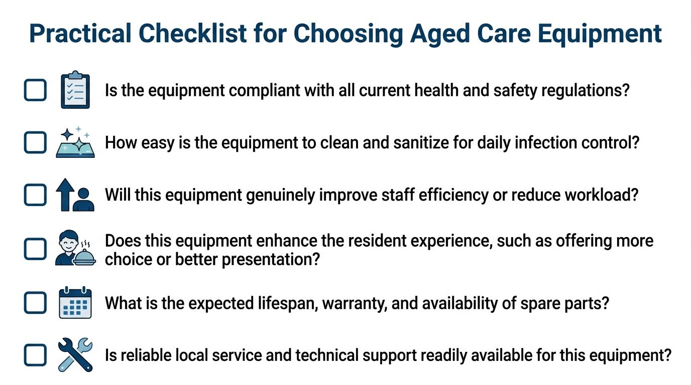 A checklist for choosing aged care equipment with six key considerations for health, safety, and efficiency.
