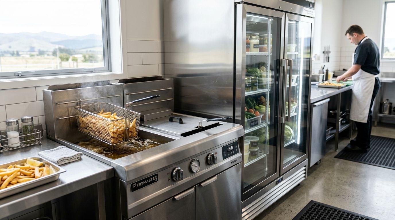 A professional chef works in a bright modern kitchen with commercial deep fryers and a large refrigerator.