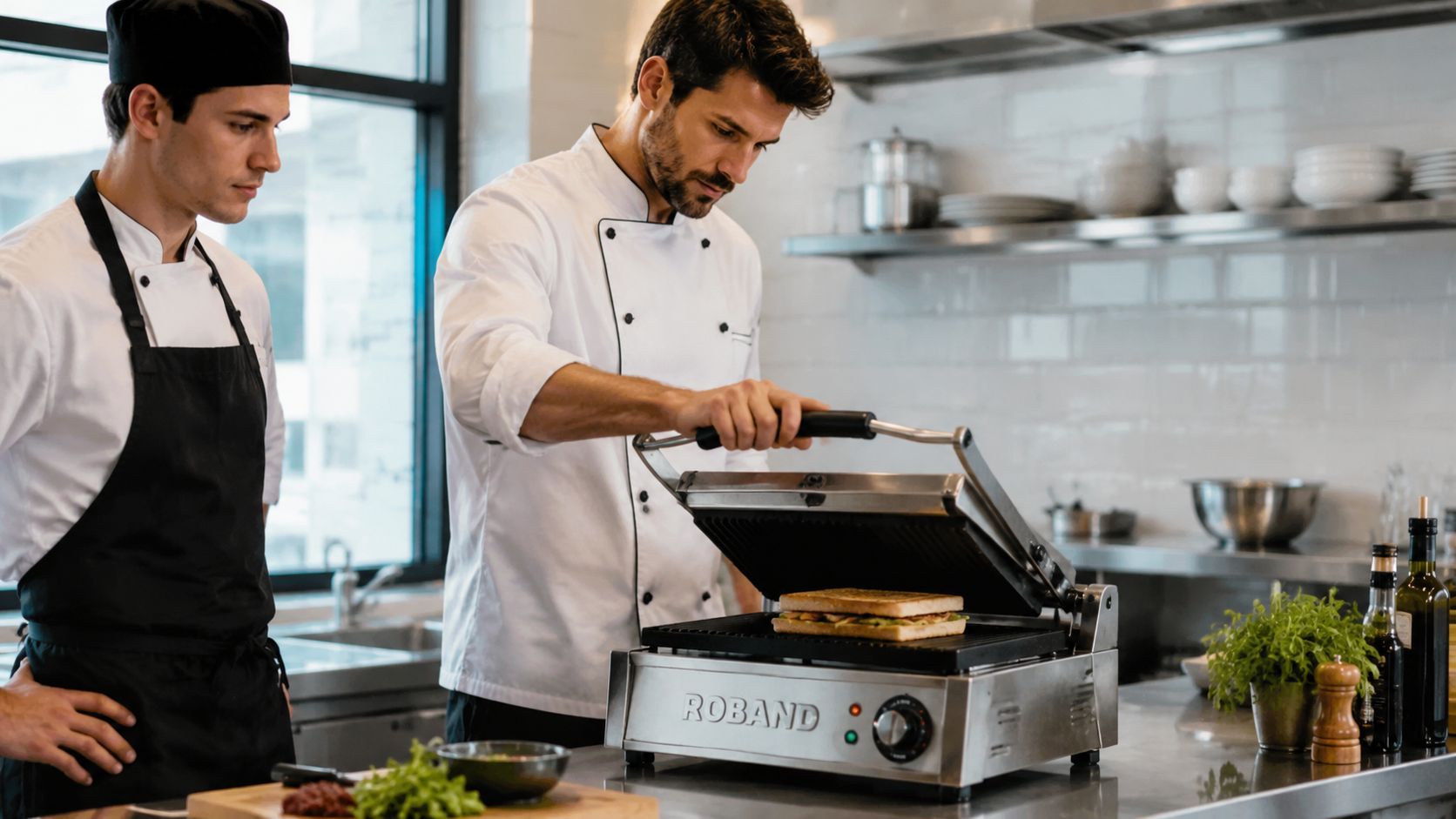 A professional chef operating a Roband sandwich press while an apprentice watches him work in a kitchen.
