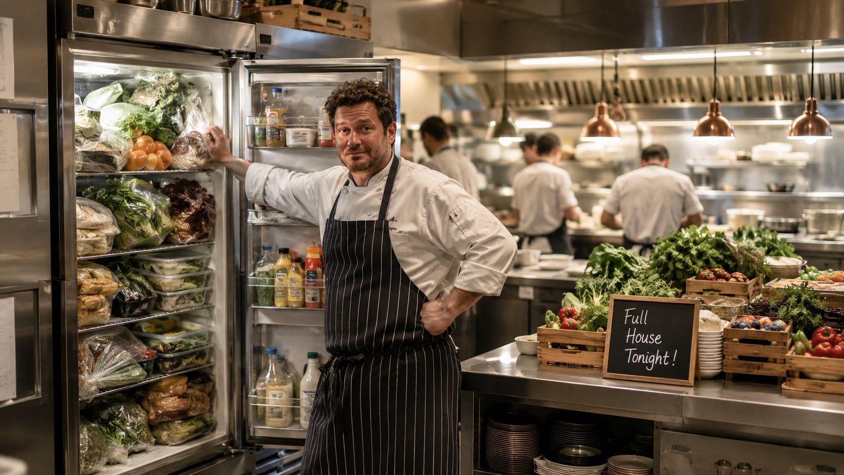 A professional chef standing in a busy commercial kitchen beside a refrigerator filled with fresh produce.