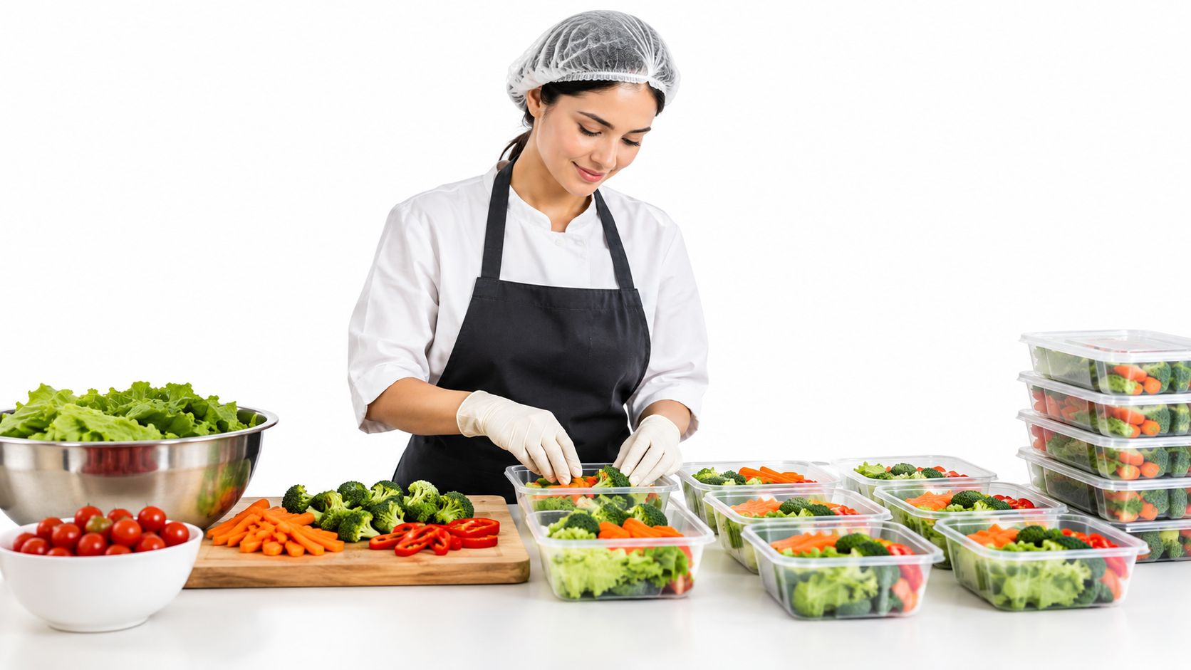A professional chef preparing healthy fresh vegetable meal prep containers in a clean kitchen environment.