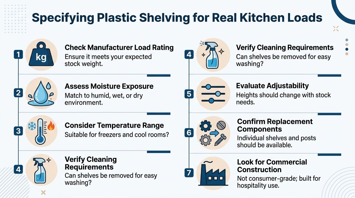 An infographic detailing seven essential factors for selecting plastic shelving units suitable for commercial kitchen environments.