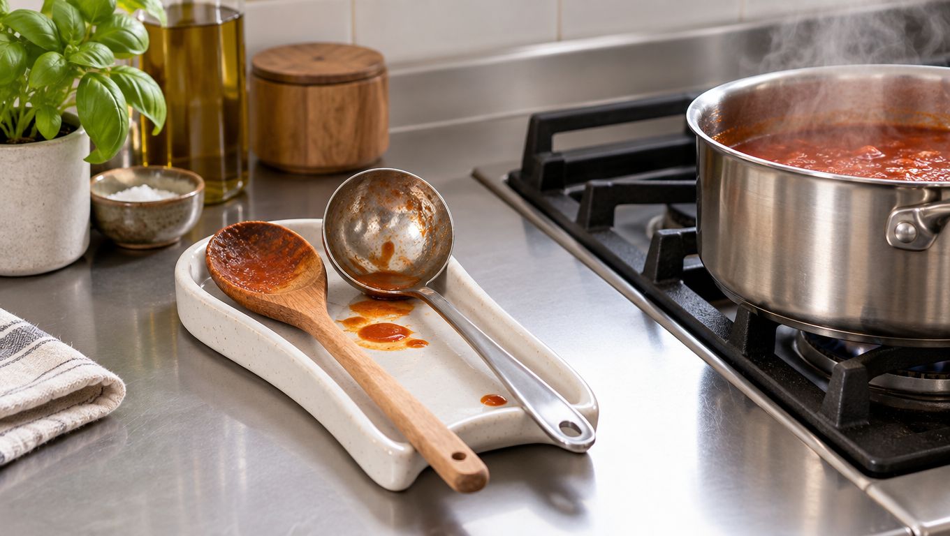 A wooden spoon and a stainless steel ladle resting on a ceramic spoon rest on a countertop.