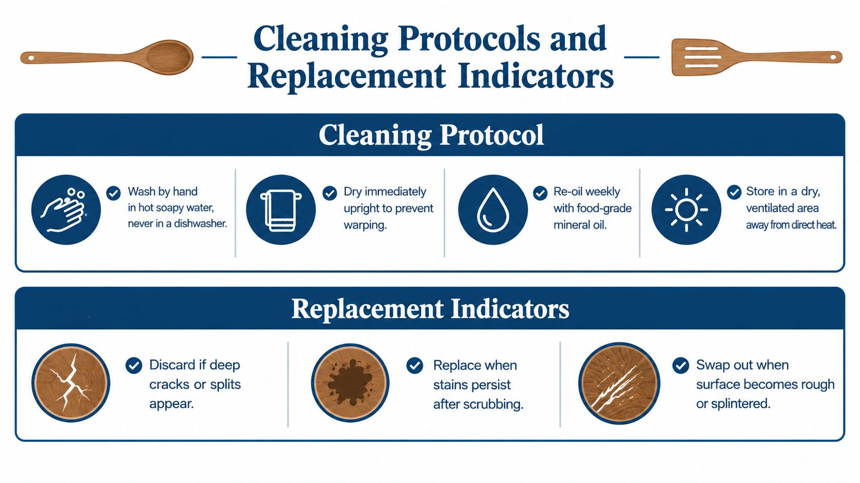An infographic detailing cleaning protocols and replacement indicators for maintaining wooden kitchen utensils in a home.
