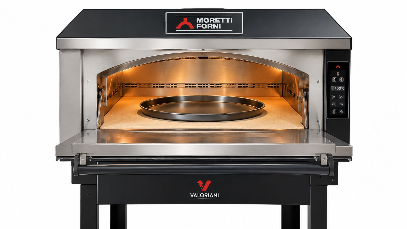 A professional electric pizza oven with a metal baking pan resting on the stone cooking deck.