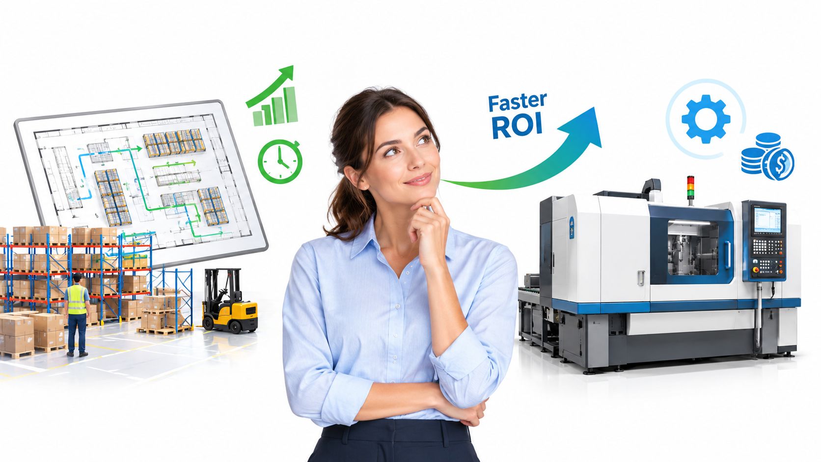 A professional woman thinking about business efficiency, warehouse logistics, and industrial manufacturing solutions for faster return on investment.