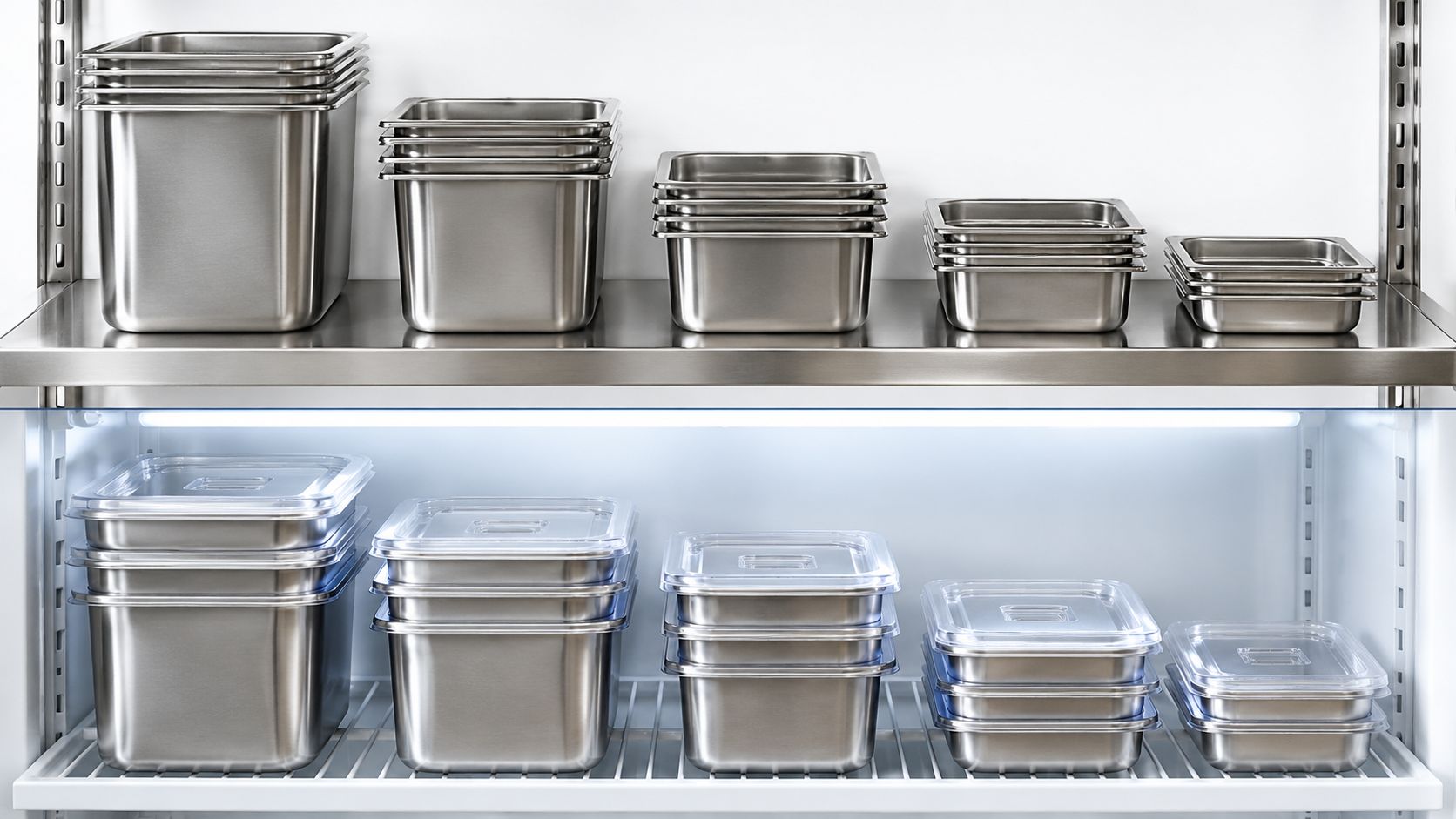 A commercial refrigerator shelf stocked with stacks of stainless steel meal prep containers with clear lids.