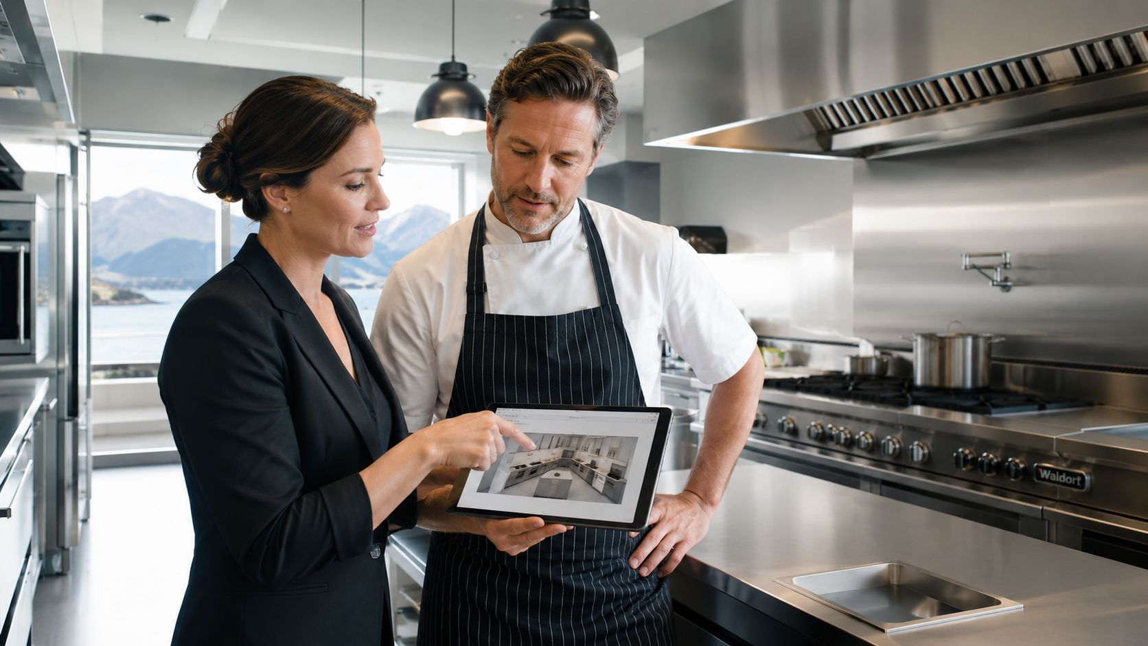 A businesswoman showing a commercial kitchen design on a tablet to a professional chef in a kitchen.