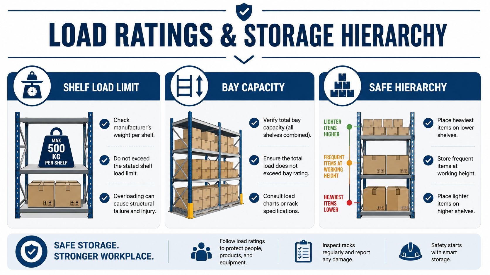 An infographic illustrating safe commercial shelving practices including shelf load limits, bay capacity, and storage hierarchy guidelines.