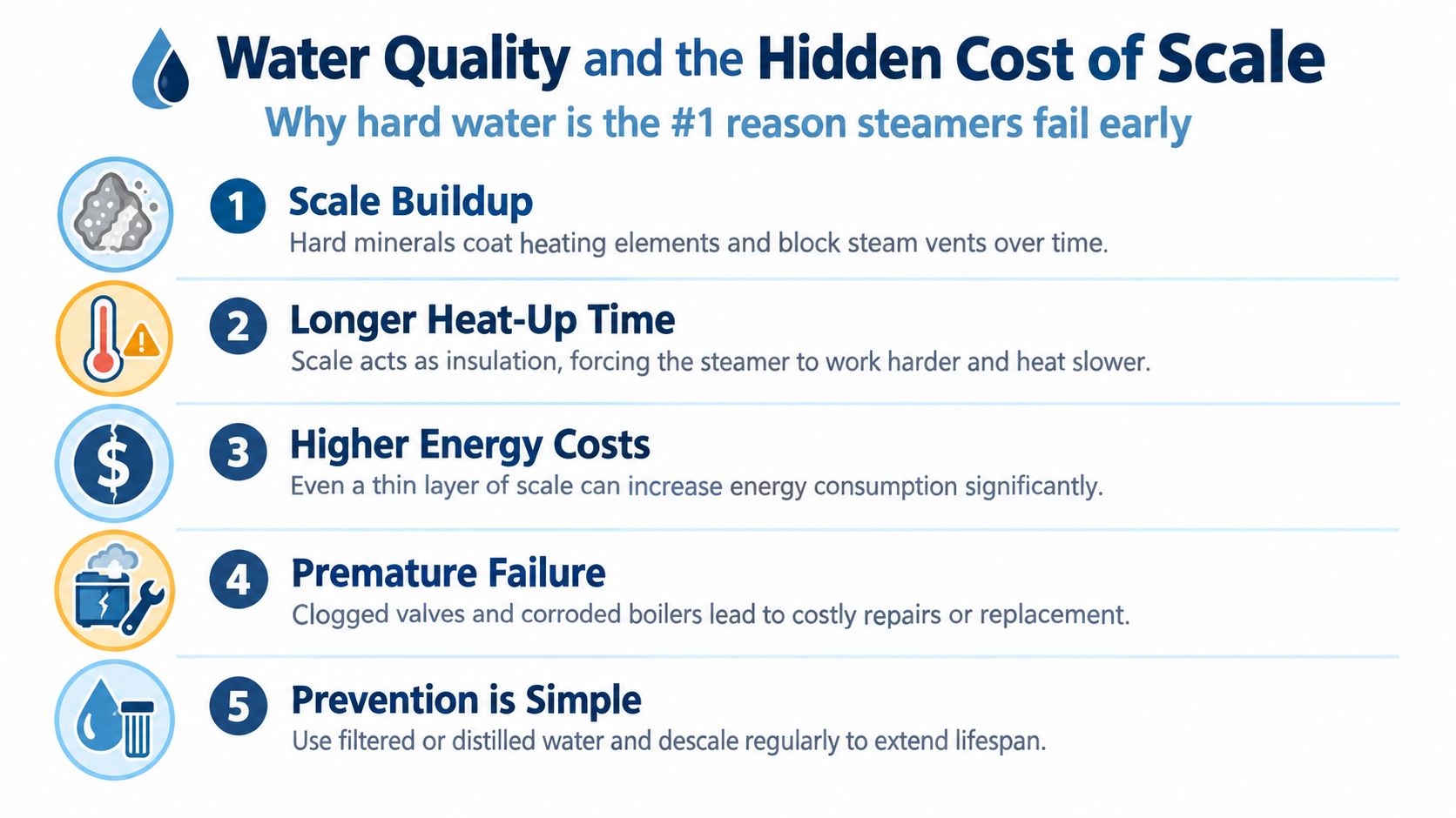 An infographic showing five reasons how hard water scale causes steamers to fail and require maintenance.