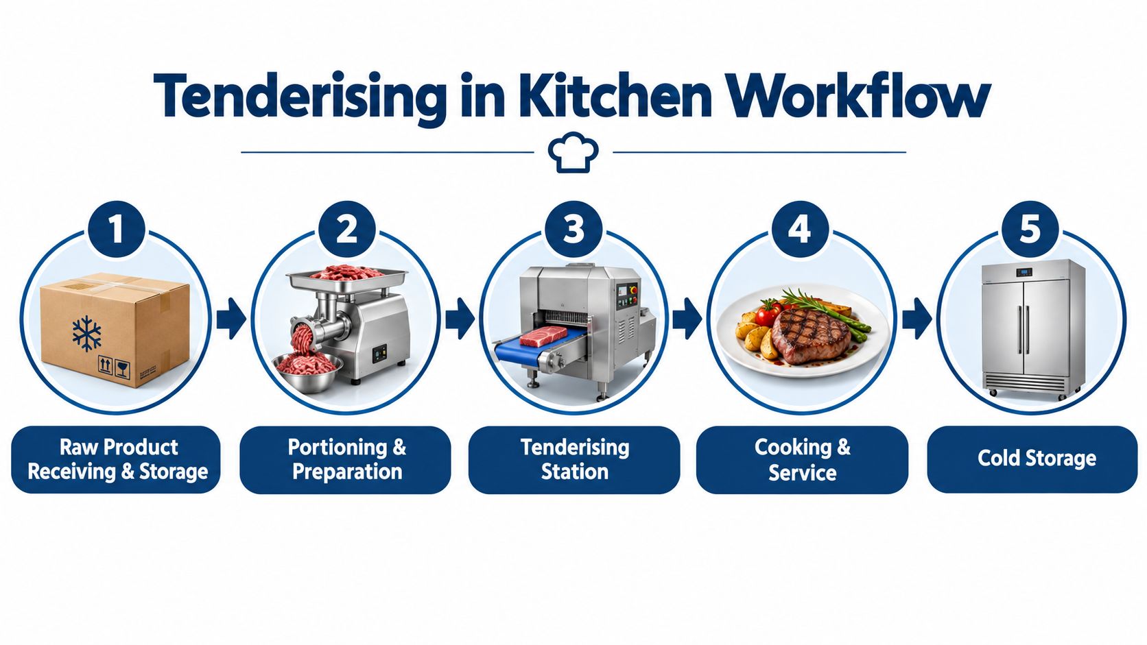 A diagram illustrating the professional meat tenderising workflow in a commercial kitchen from receiving to storage.