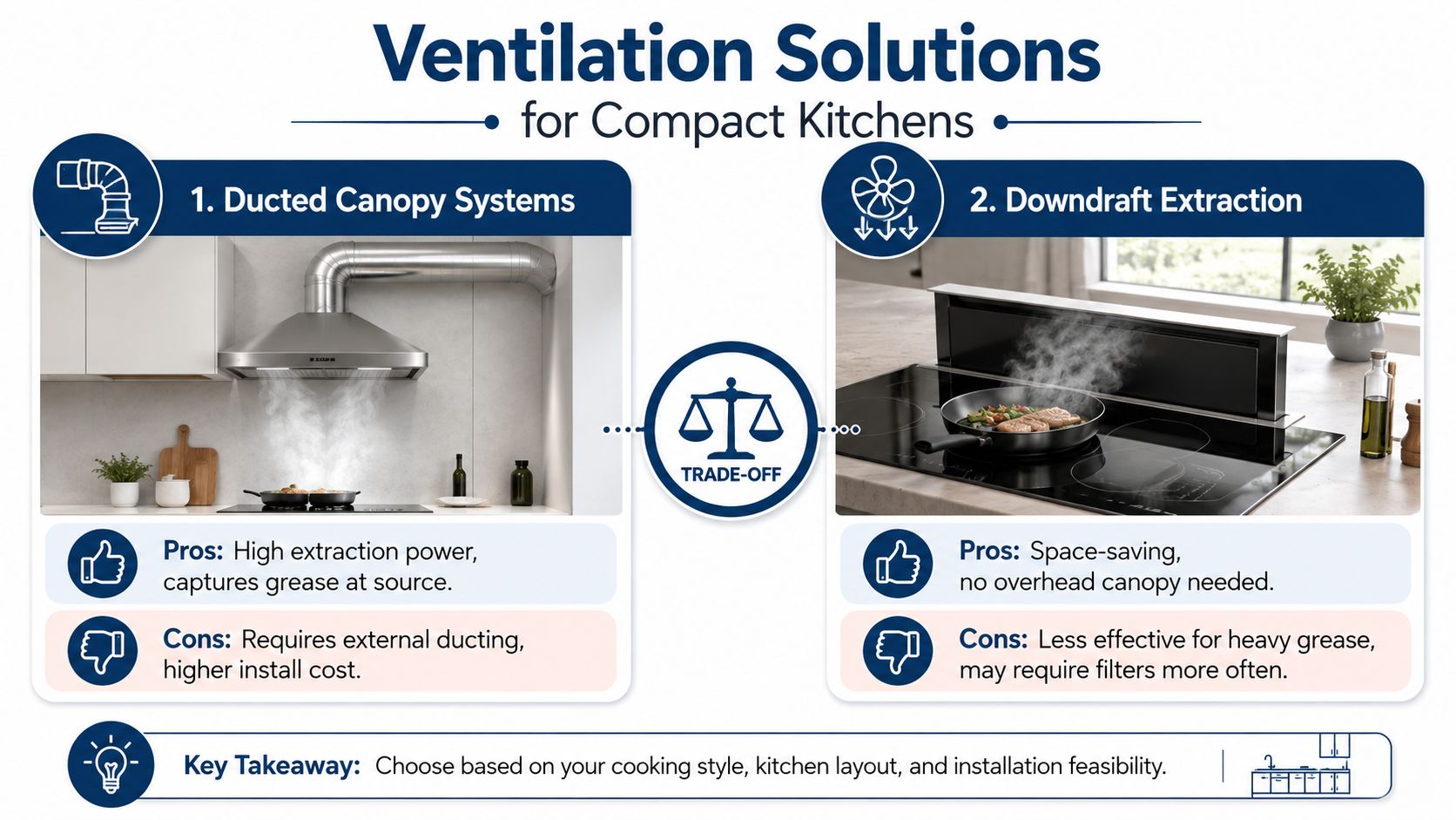 A comparison infographic showing ducted canopy systems and downdraft extraction as ventilation solutions for compact kitchens.