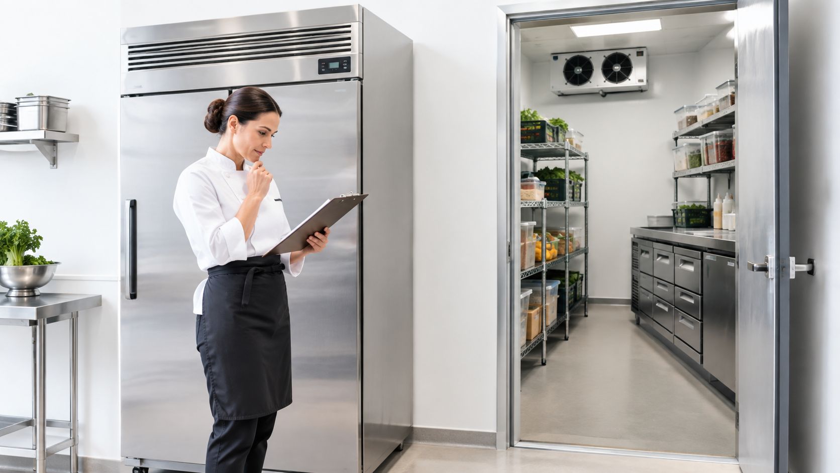 A professional chef standing in a modern industrial kitchen holding a clipboard while checking food inventory.