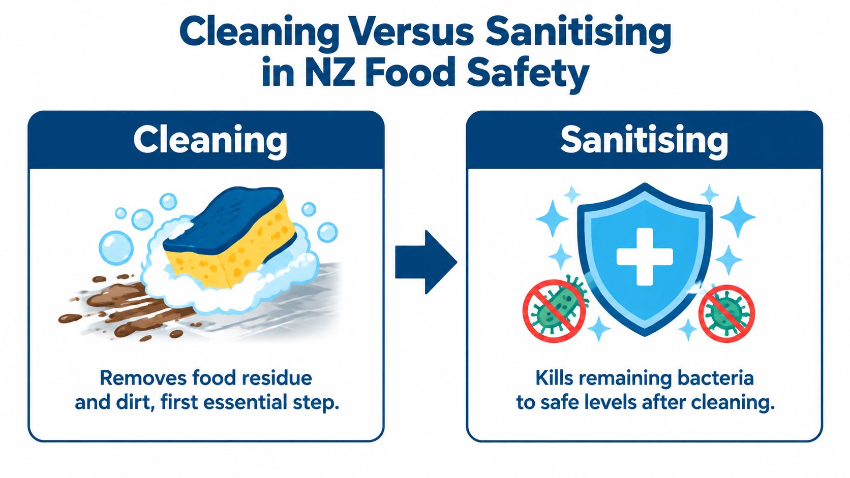 An educational infographic comparing cleaning and sanitising processes for maintaining food safety in New Zealand businesses.