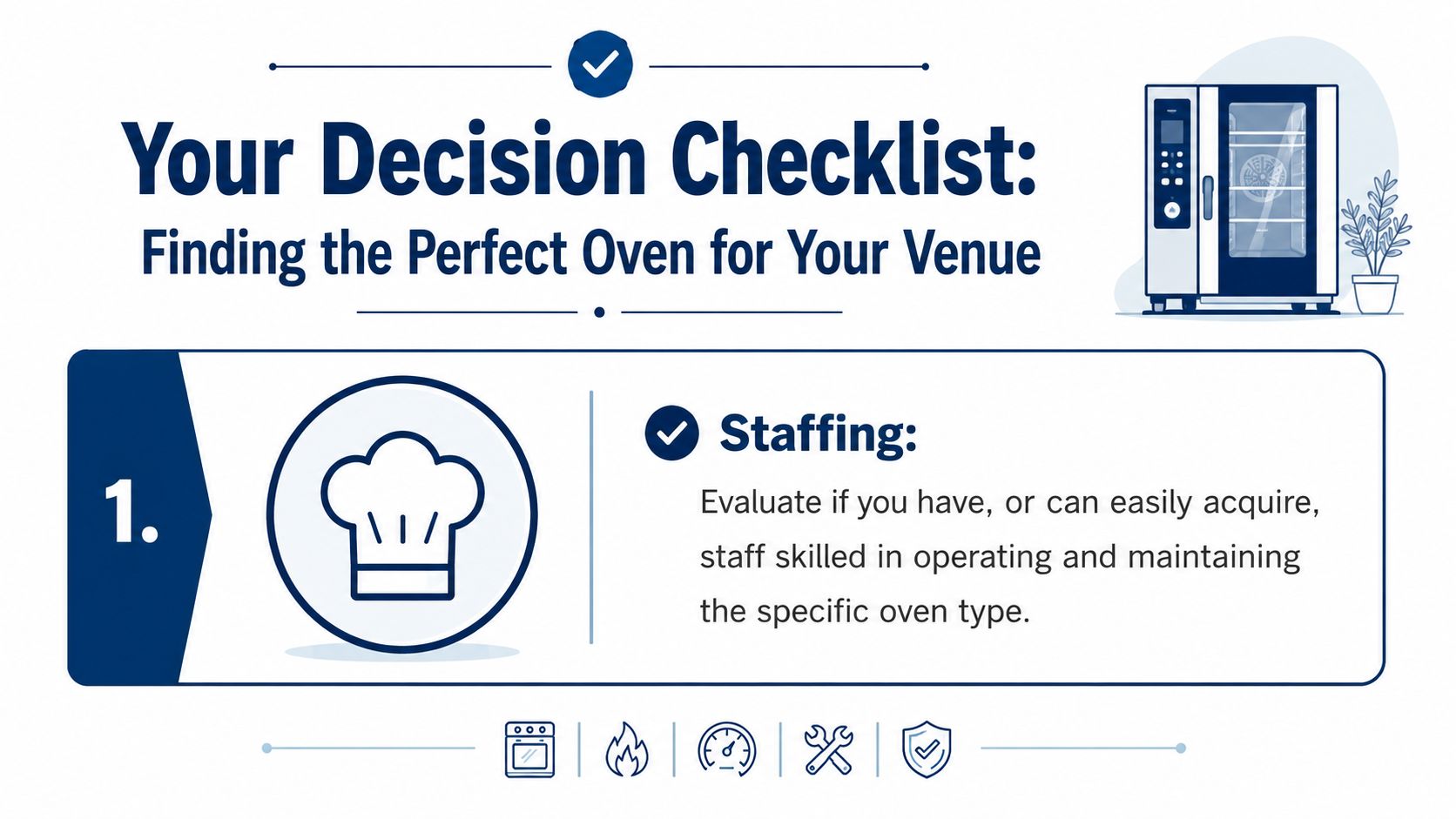 A professional infographic checklist for choosing a commercial kitchen oven, focusing on staff requirements.