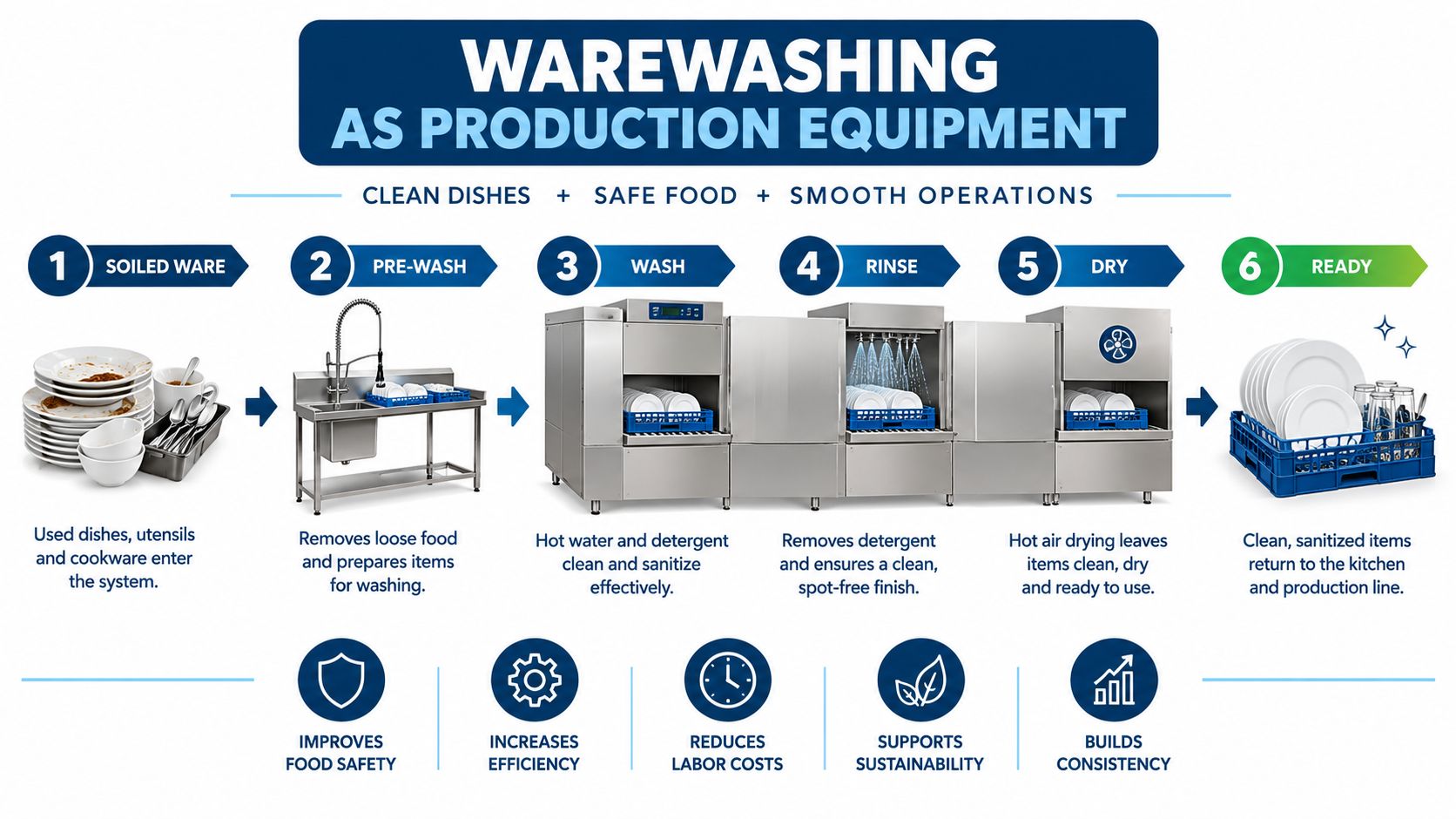 A diagram illustrating the six-step professional kitchen warewashing process, from soiled items to clean and ready equipment.