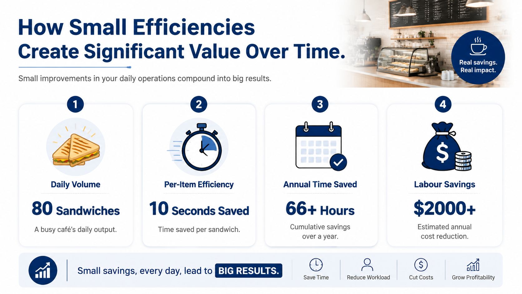 An infographic showing how small daily operational efficiencies in a cafe lead to significant annual financial savings.