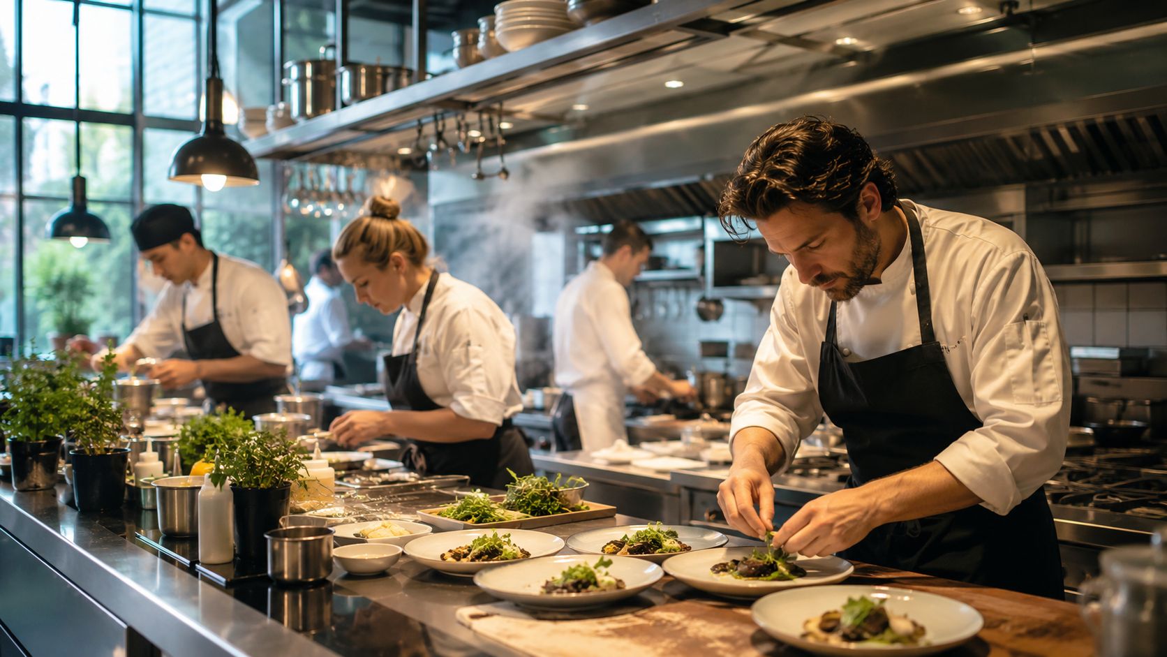 A team of professional chefs in a busy, modern commercial kitchen preparing and plating gourmet dishes together.