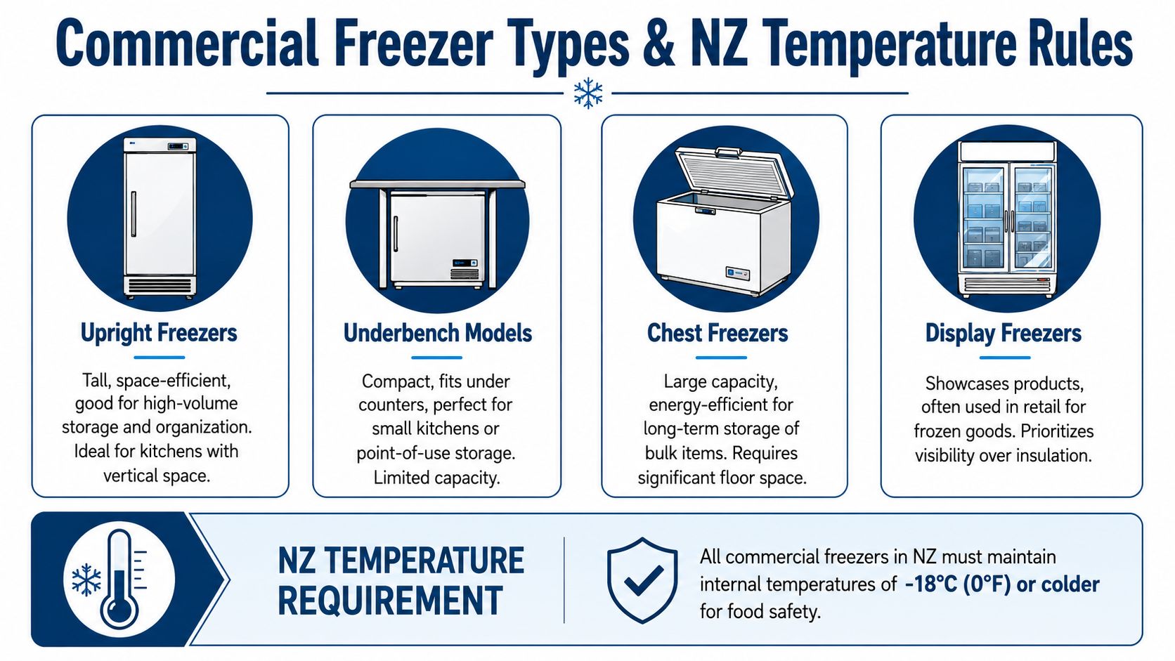 An infographic showing types of commercial freezers and New Zealand food safety temperature requirements for frozen goods.