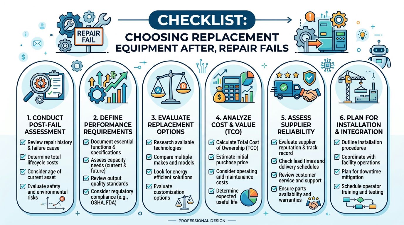 A six-step checklist infographic for choosing replacement equipment after a repair has failed in a facility.