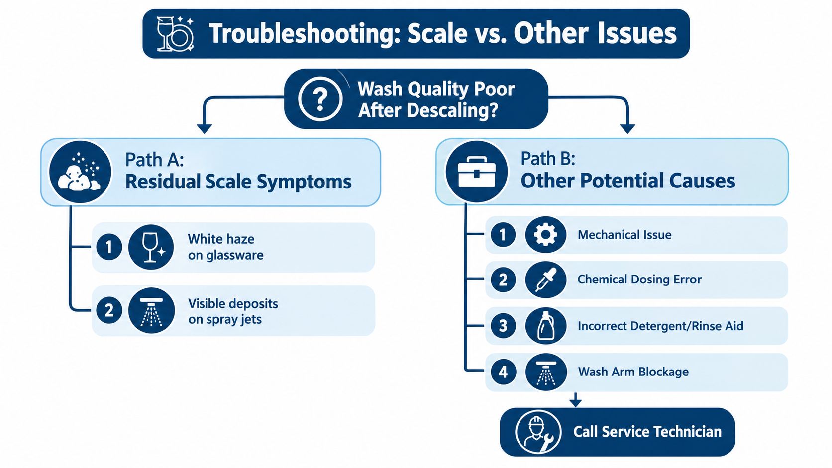 A flowchart explaining how to troubleshoot poor dishwasher wash quality after performing a descaling procedure.