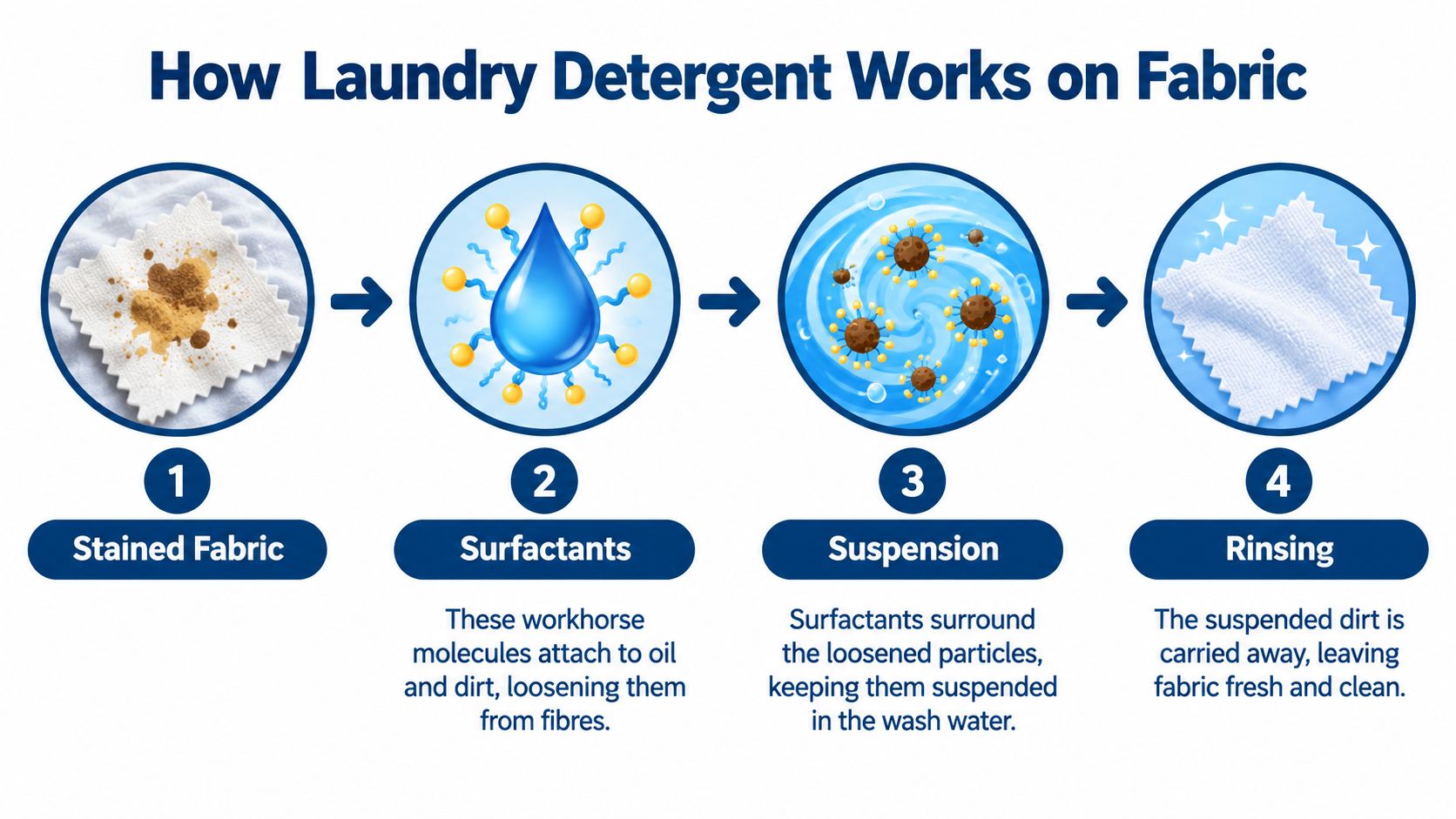 A four-step infographic explaining the process of how laundry detergent cleans stained fabric by removing dirt.