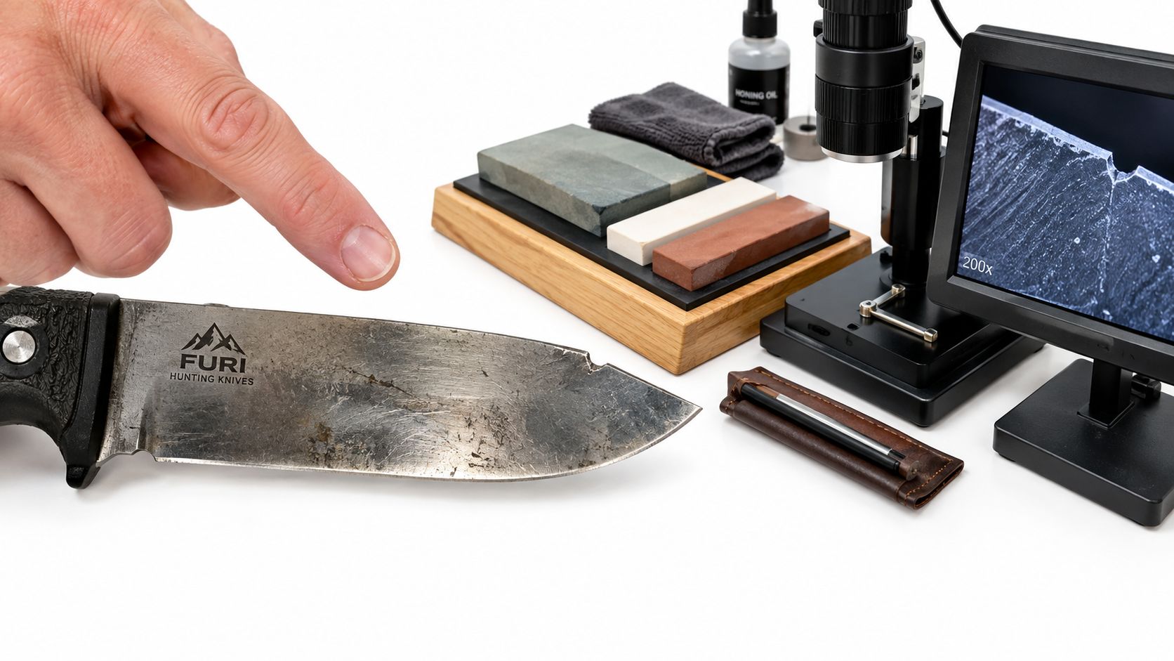 A hand pointing to a damaged hunting knife blade near a digital microscope and sharpening stones.