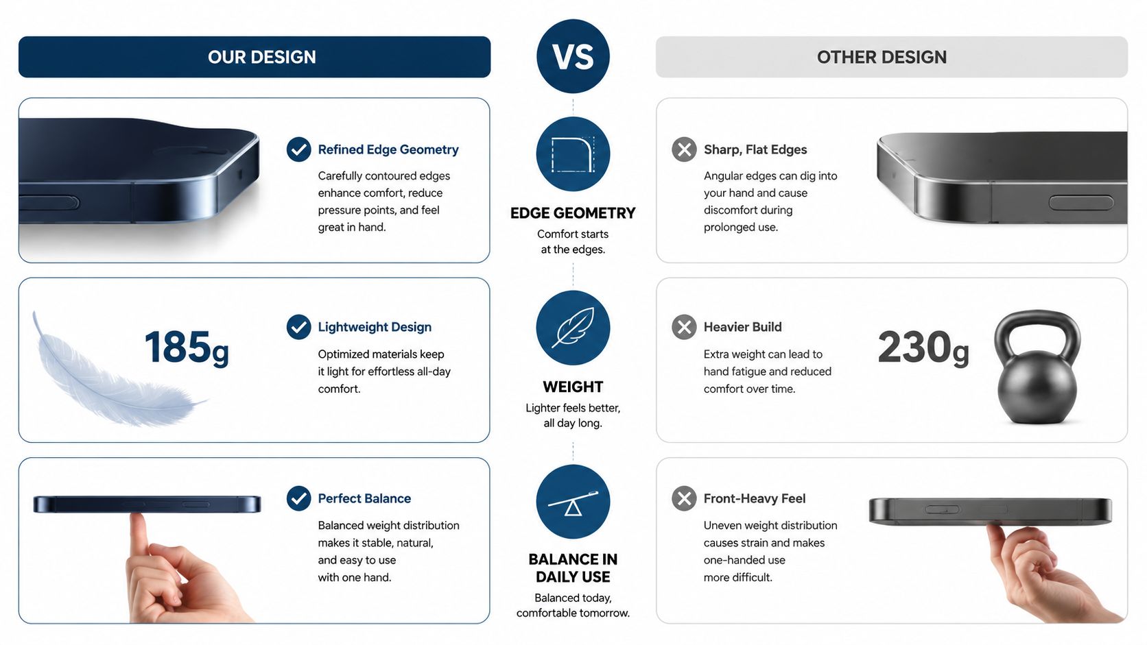 A comparison infographic showing the ergonomic comfort of our lightweight smartphone design versus other heavier, sharp-edged models.