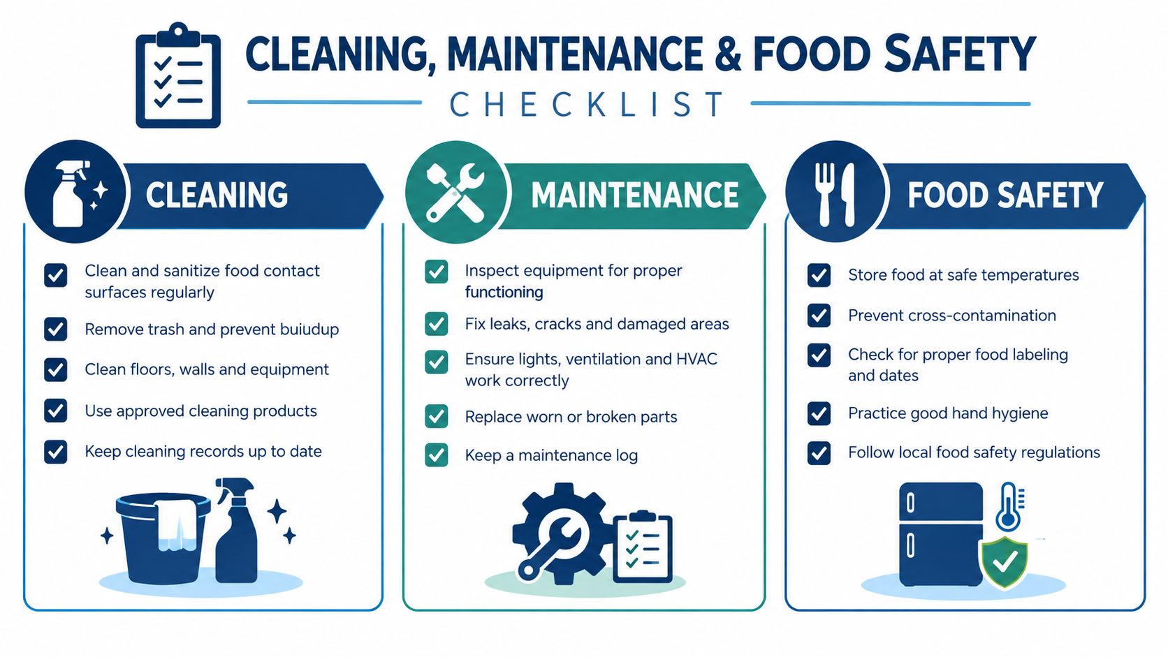 A professional checklist infographic detailing essential cleaning, maintenance, and food safety protocols for commercial kitchens.