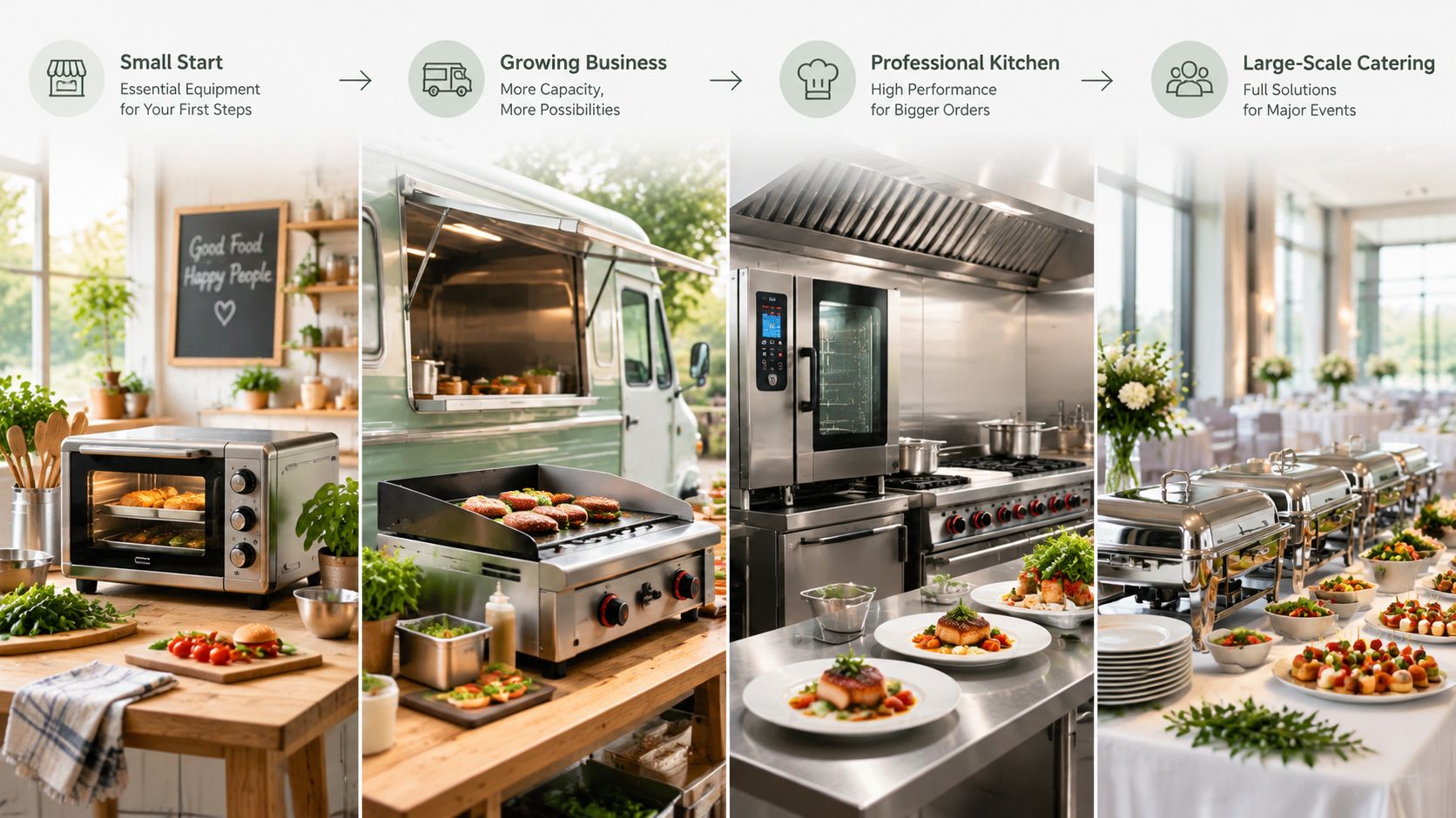 A diagram showcasing food business growth from small start-up equipment to large-scale catering solutions for professional events.
