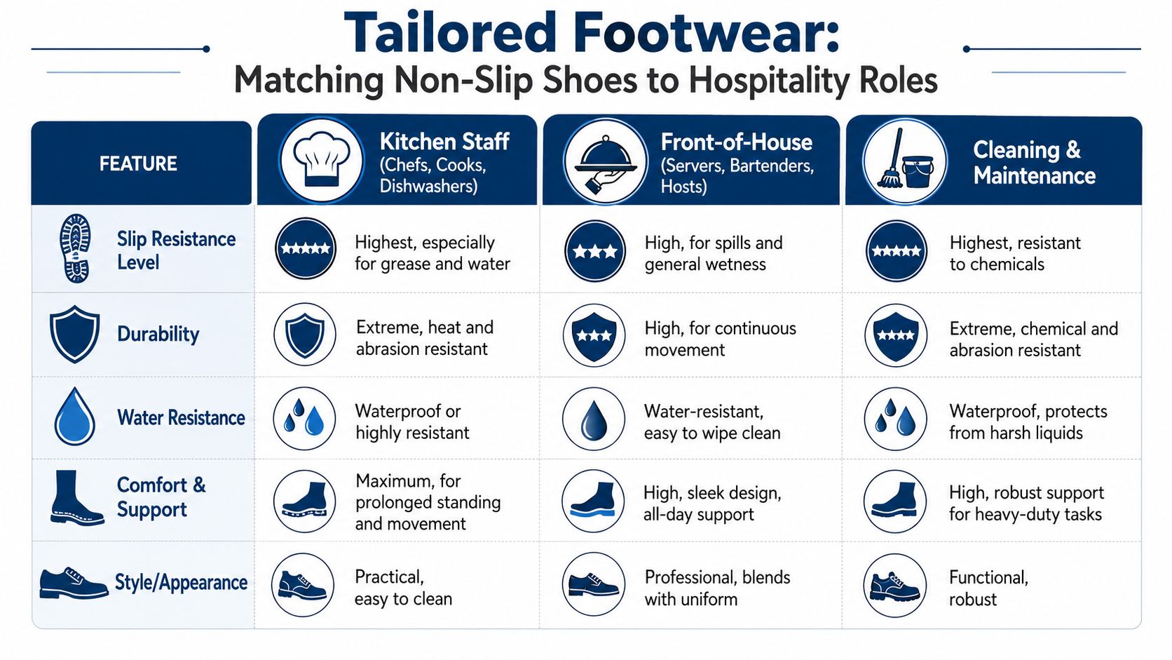 A comparison chart showing features of non-slip shoes tailored for kitchen staff, front-of-house, and maintenance roles.