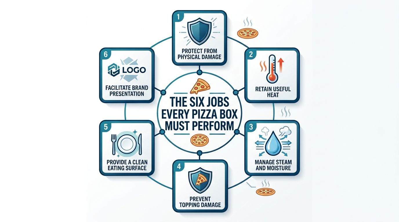 An infographic detailing the six primary functional requirements that every pizza box must perform for consumers.