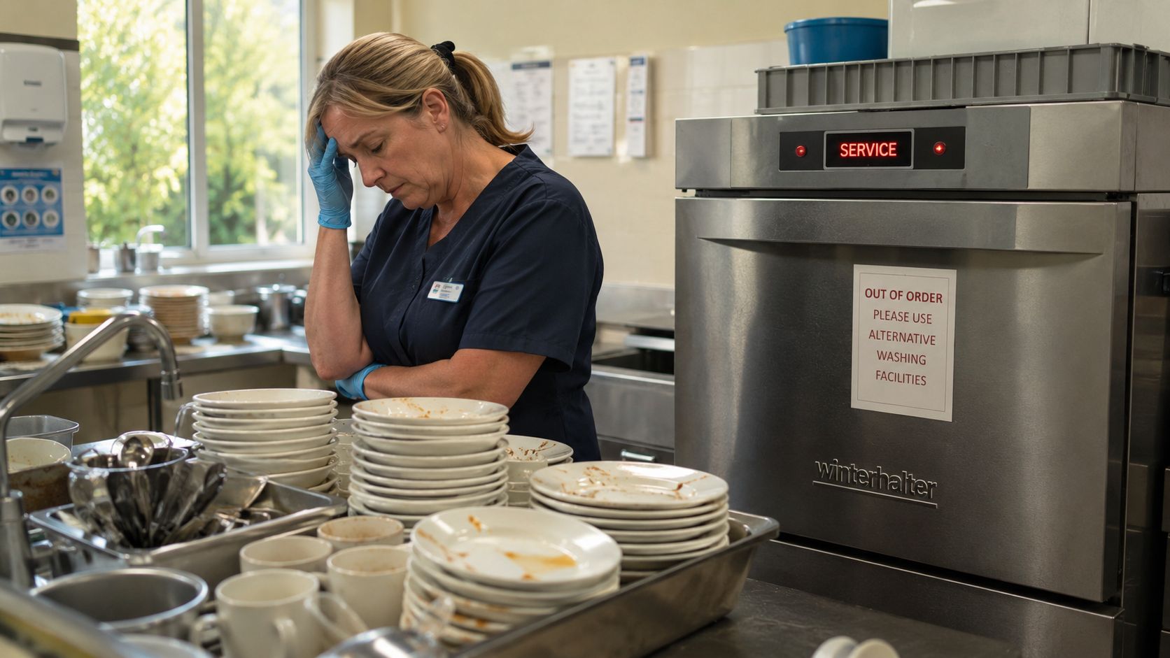 An exhausted kitchen worker in a care facility looks frustrated at a broken dishwasher stacked with dirty dishes.